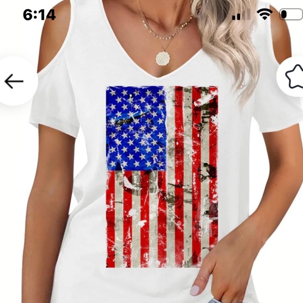Women's White American Flag Short Sleeve Cold Shoulder Top NWOT